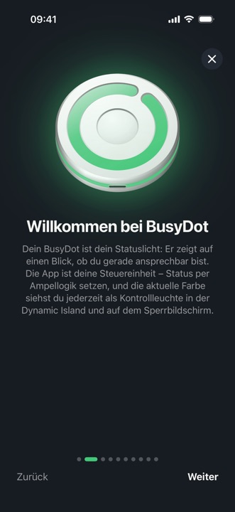 BusyDot-App: Einführung beim ersten Start