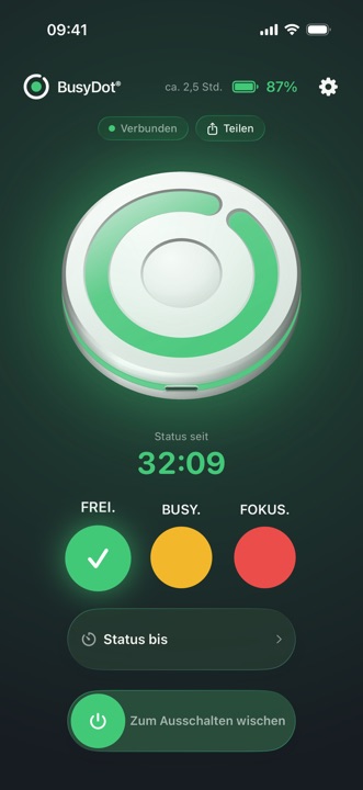 BusyDot-App: Hauptbildschirm mit grünem Status FREI.