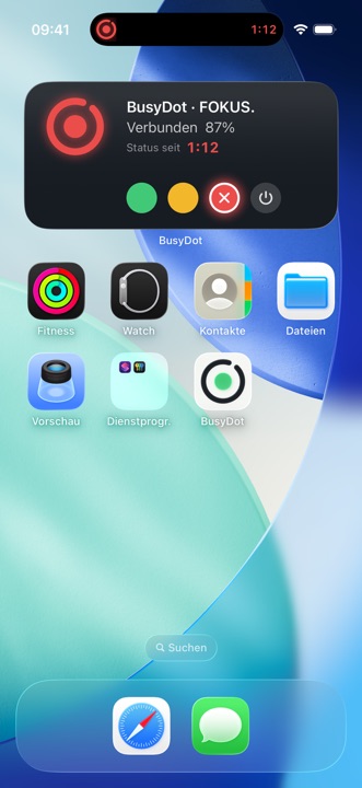 iPhone-Sperrbildschirm mit BusyDot-Live-Aktivität und Dynamic Island