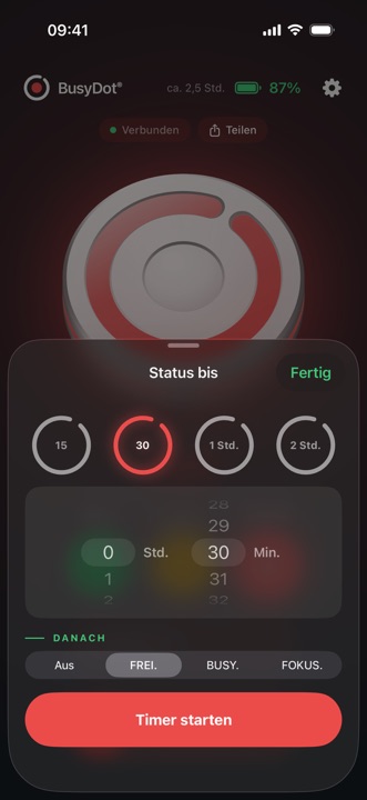 BusyDot-App: Blatt „Status bis“ mit Dauerauswahl