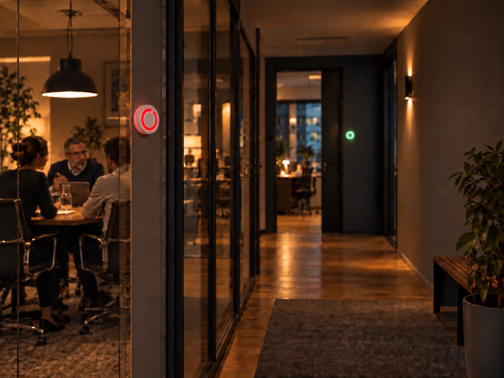 Bürogang am Abend: Der BusyDot an der Glaswand des Besprechungsraums leuchtet rot, weiter hinten leuchtet der Dot an einer Bürotür grün.