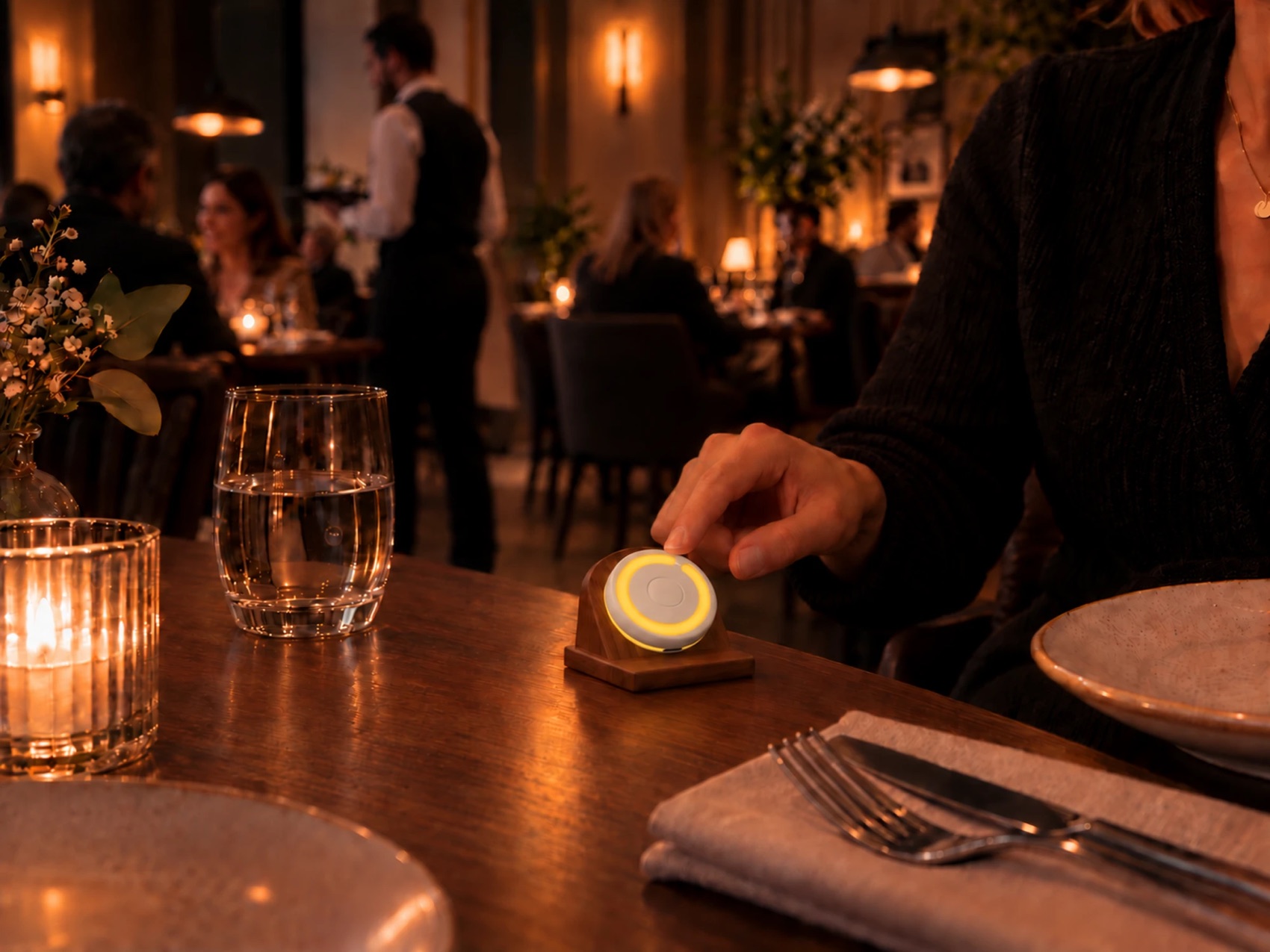 Restaurant am Abend: Ein Gast legt den Finger auf einen gelb leuchtenden BusyDot, der auf einem Holzständer am Tisch steht.