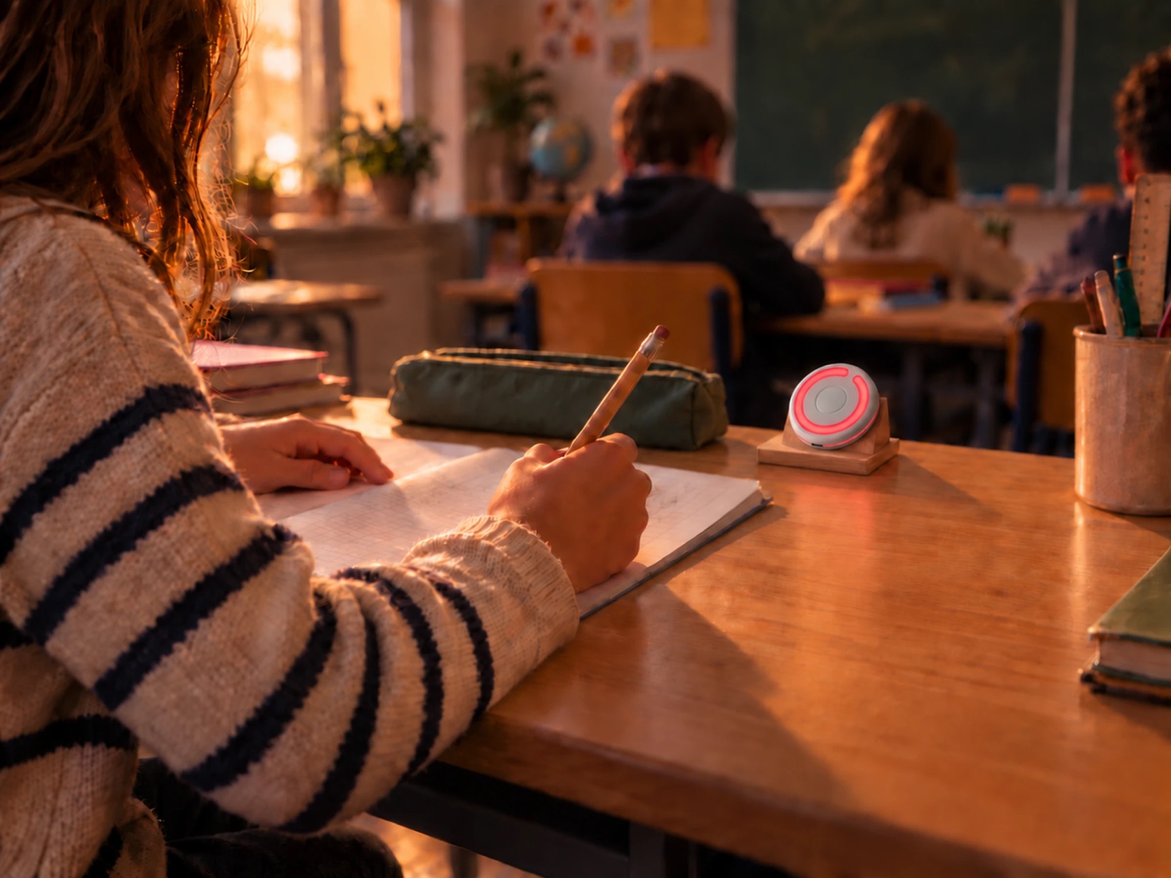 Klassenzimmer im Nachmittagslicht: Neben Heft und Mäppchen steht ein rot leuchtender BusyDot auf dem Tisch eines Kindes.