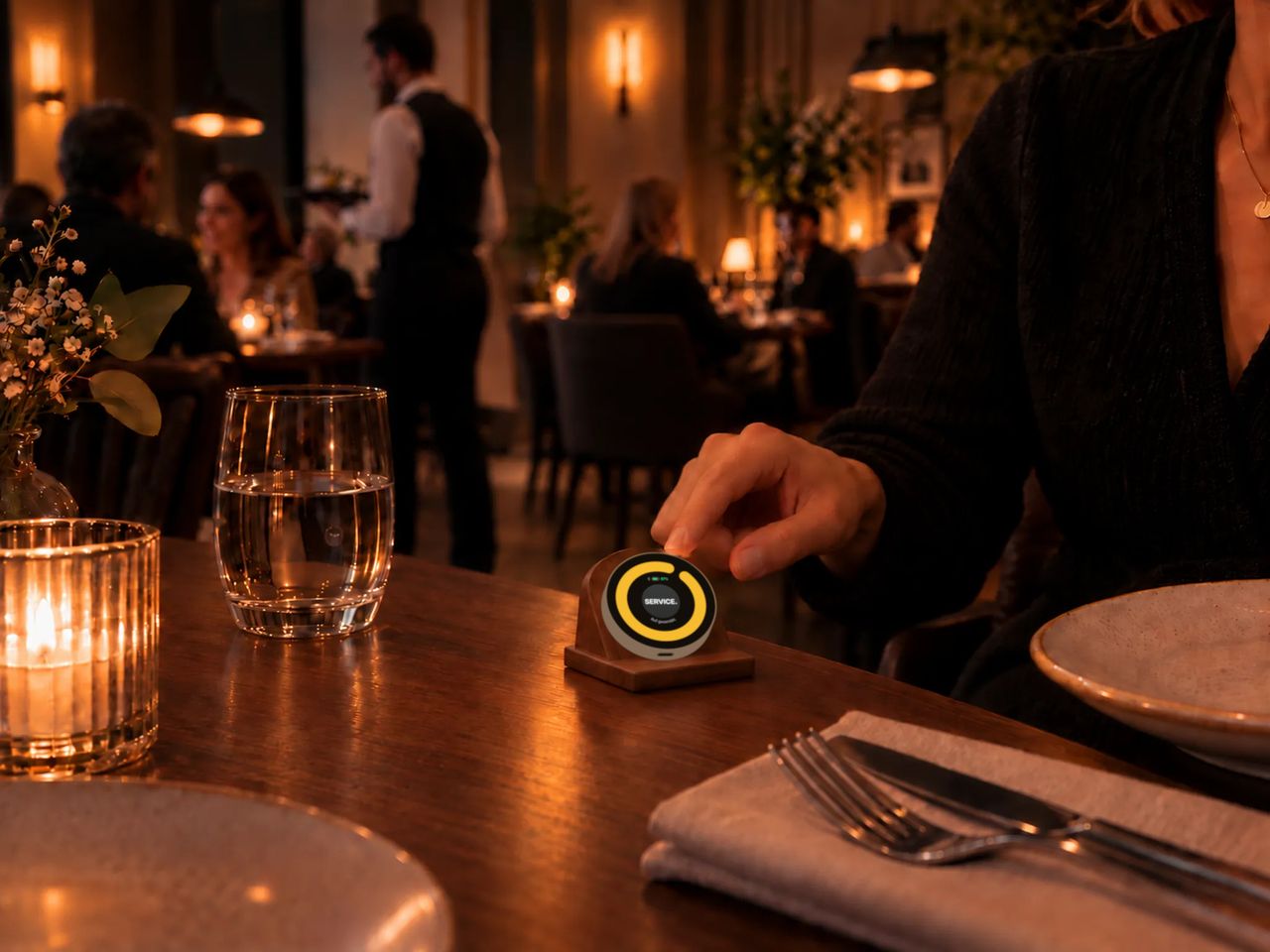 KI-generierte Beispielszene: Restaurant am Abend: Eine Frau tippt am Tisch auf einen Dot in einem Holzständer, der SERVICE. mit gelbem Ring zeigt. Im Hintergrund Gäste und ein Kellner.