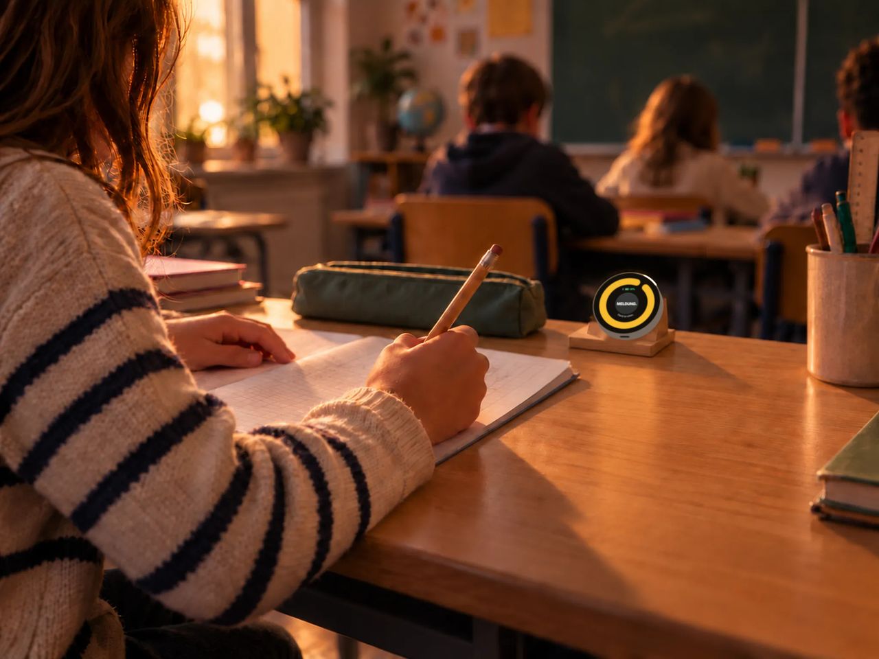 KI-generierte Beispielszene: Klassenzimmer: Ein Kind schreibt in ein Heft, daneben steht ein Dot in einem Holzständer, der MELDUNG. mit gelbem Ring zeigt. Im Hintergrund weitere Kinder an ihren Tischen.
