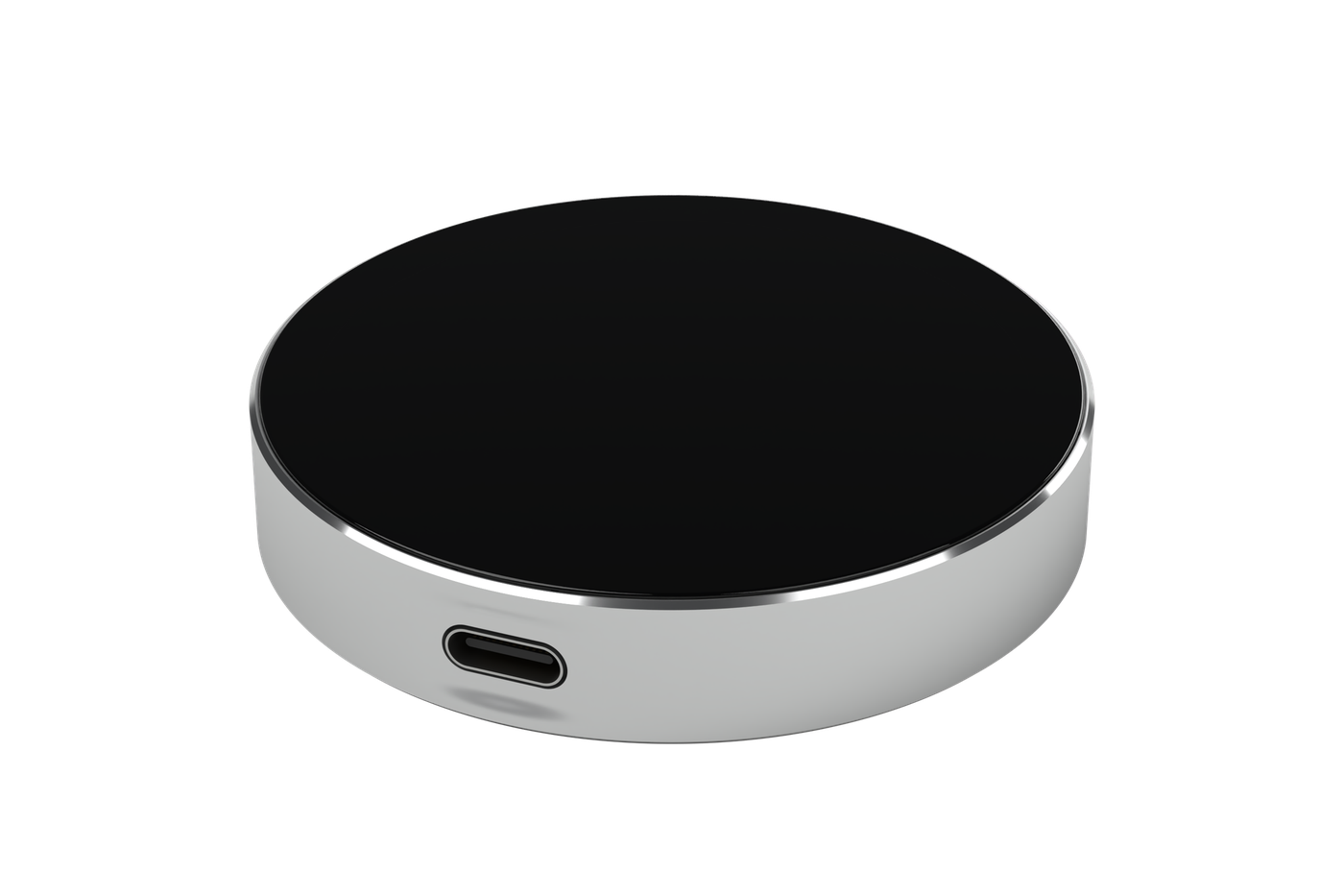 Der Dot schräg von vorn: schwarzes Glas mit farbigem Ring, Aluminiumrand mit USB-C-Buchse.